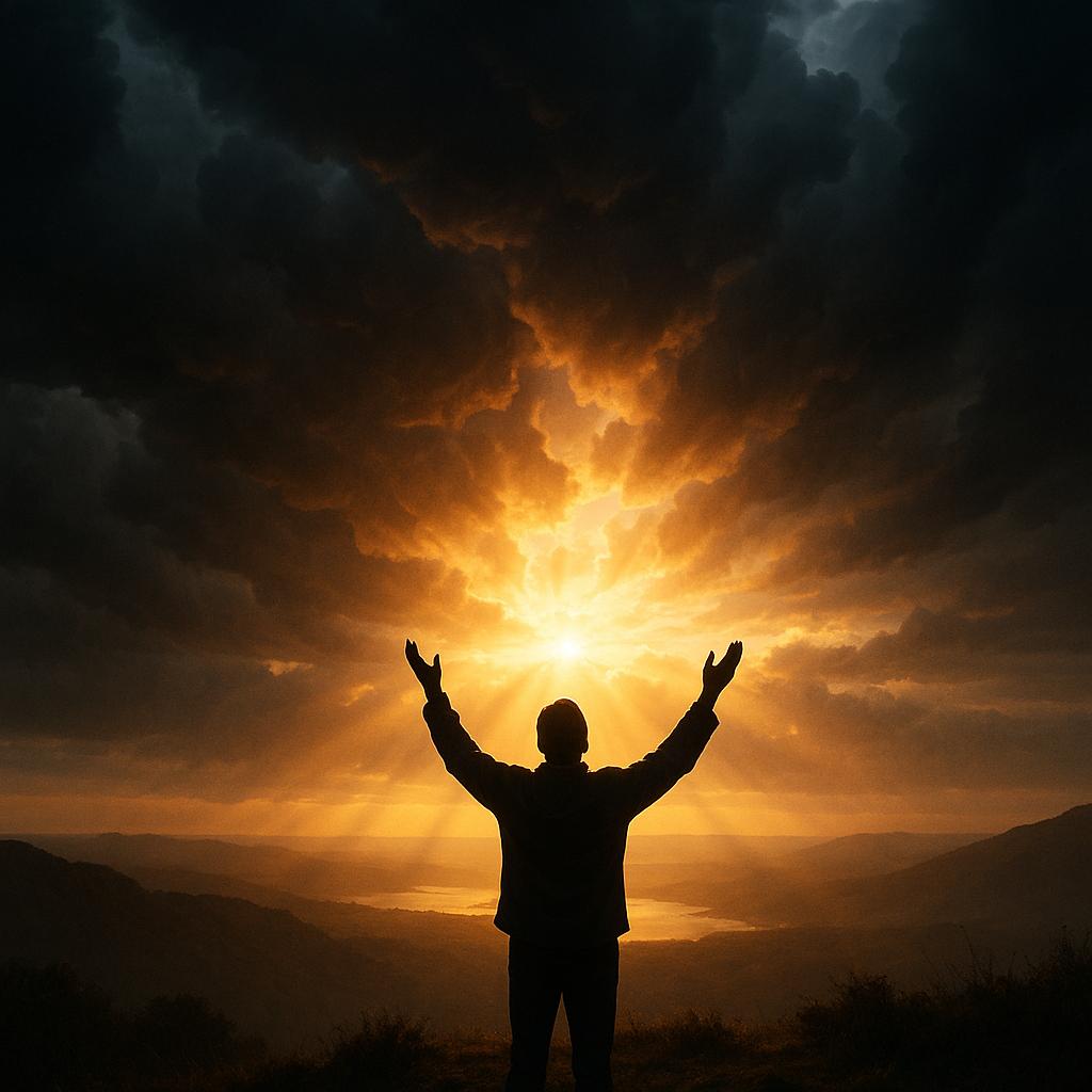 Sylwetka człowieka stojącego na wzgórzu z uniesionymi rękami ku niebu podczas wschodu słońca, którego złote promienie przebijają się przez ciemne burzowe chmury, symbolizując Bożą wierność i nadzieję w trudnych chwilach.