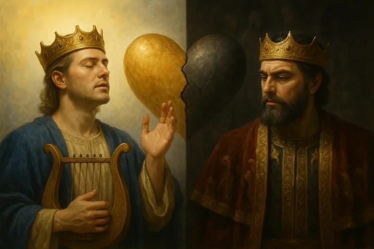 Ilustracja symboliczna: król Dawid i król Salomon z rozdwojonym sercem pomiędzy nimi – przesłanie o małych kompromisach i wielkich konsekwencjach w życiu duchowym.