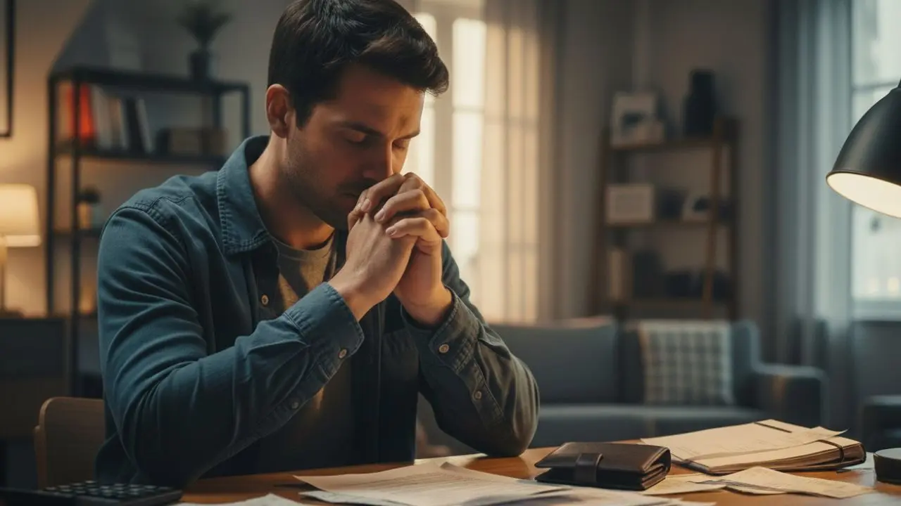 Mężczyzna modli się i planuje finanse przy biurku – od mentalności biedy do życia w zwycięstwie