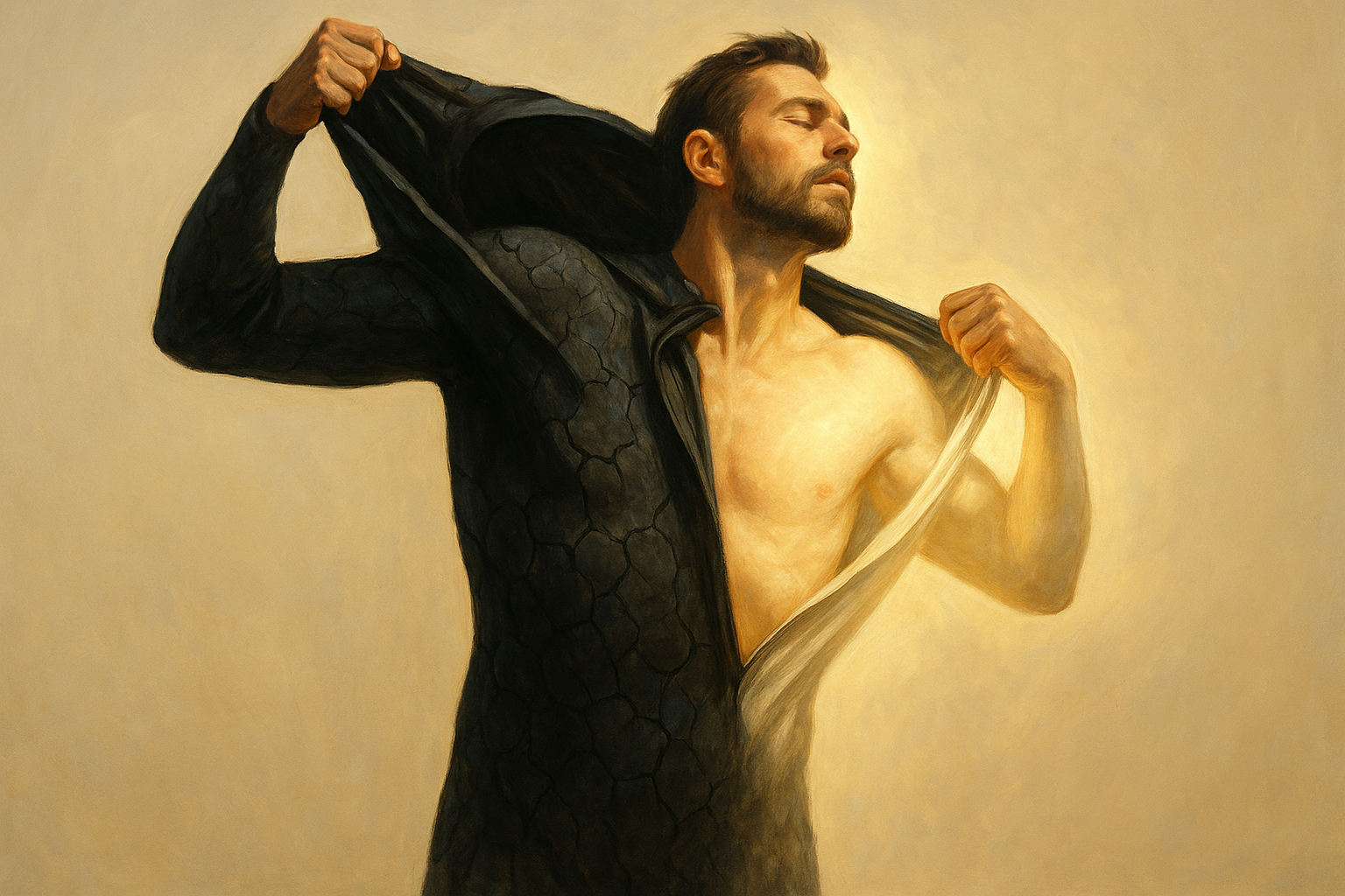 Mężczyzna zrywa z siebie starą, ciemną szatę, odsłaniając jasne, uświęcone ciało – symbol zrzucenia starego człowieka i duchowej przemiany. Ilustracja inspirowana Listem do Efezjan 4:22–24.