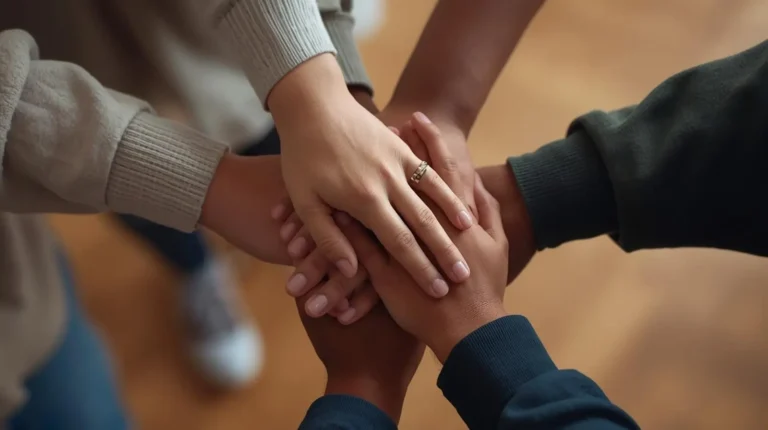 Dłonie kilku osób ułożone jedna na drugiej – symbol biblijnej wspólnoty Kościoła
