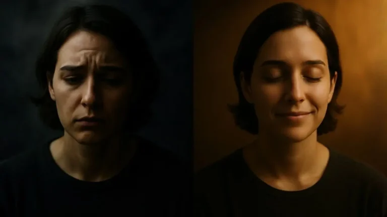 Dwie kontrastowe emocje – po lewej smutek i ciemność, po prawej pokój i światło symbolizujące Bożą obecność.