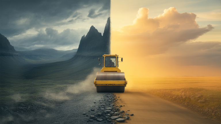 Walec drogowy wyrównujący nierówną, skalistą drogę po lewej stronie, a po prawej stronie prostą, jasną i słoneczną ścieżkę, symbolizujący proces prostowania drogi i przemiany.