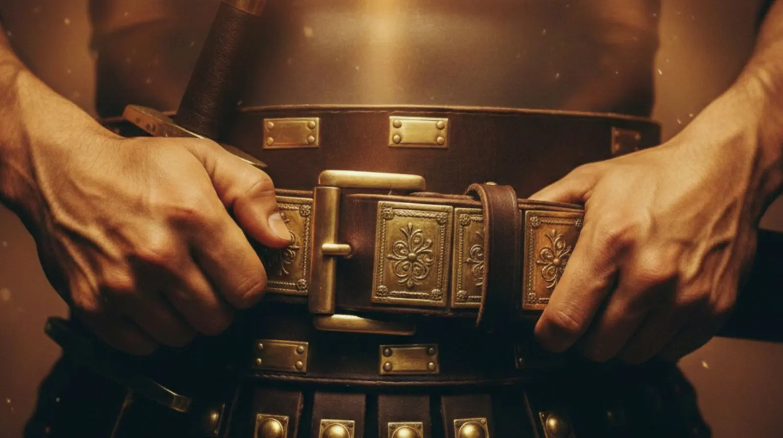 Zbliżenie na rzymskiego żołnierza trzymającego dłońmi skórzany pas wojskowy (cingulum militare). Pas wykonany z ciemnej skóry, zdobiony mosiężnymi płytkami z historycznymi ornamentami, bez współczesnej klamry. W tle widoczny fragment pancerza i rękojeść miecza gladius.