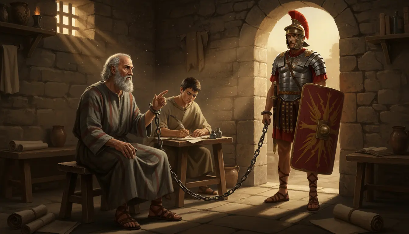 Apostoł Paweł w domu-areszcie, dyktujący list i przykuty łańcuchem do rzymskiego żołnierza stojącego w drzwiach