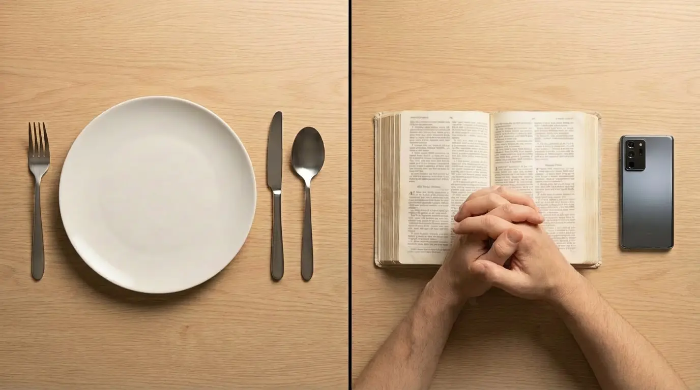 Obraz podzielony na dwie części: po lewej pusty talerz ze sztućcami symbolizujący post, po prawej złożone dłonie na otwartej Biblii obok smartfona, symbolizujące modlitwę i rezygnację z rozpraszaczy.