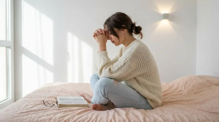Kobieta modląca się na łóżku z otwartą Biblią i okularami, siedząca w spokojnej postawie modlitewnej przy oknie z naturalnym światłem