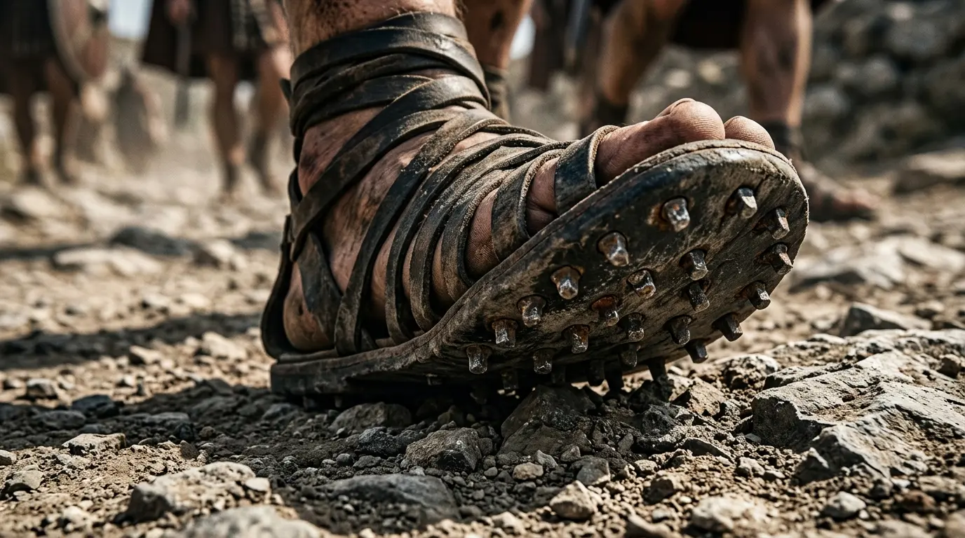 Zbliżenie na rzymski sandał wojskowy (caligae) z grubą podeszwą nabitą metalowymi gwoździami, wbity w kamieniste, nierówne podłoże.