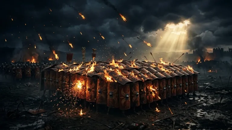 Mocno oświetlona formacja rzymskich legionistów w układzie testudo (żółw), osłaniająca się prostokątnymi tarczami przed deszczem płonących strzał pod mrocznym niebem z przebijającym się snopem światła.