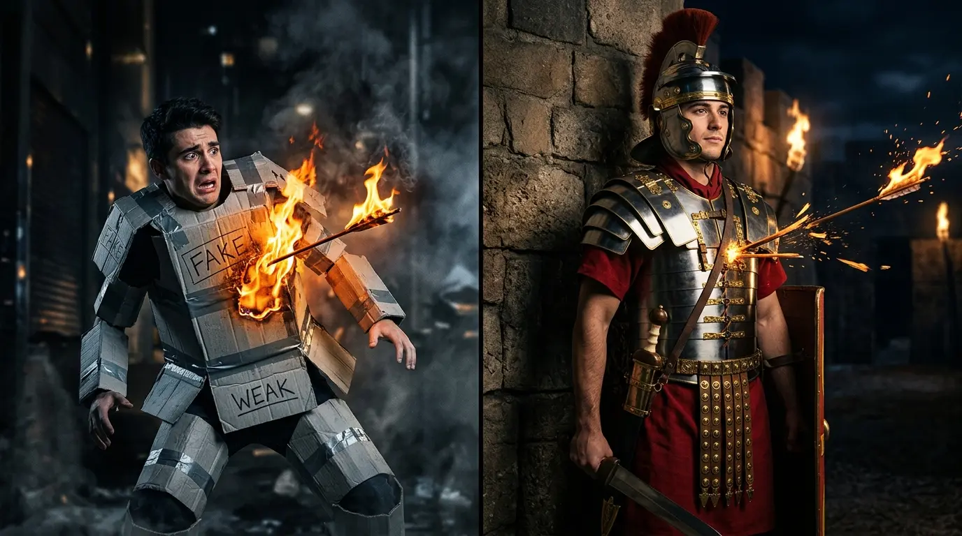 Porównanie dwóch mężczyzn: po lewej w płonącej zbroi z tektury z napisem FAKE, po prawej w solidnej rzymskiej zbroi typu lorica segmentata, od której odbija się płonąca strzała.