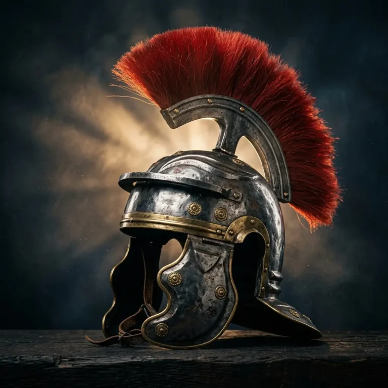 Rzymski hełm legionisty na ciemnym tle z dramatycznym światłem – symbol ochrony umysłu w duchowej walce